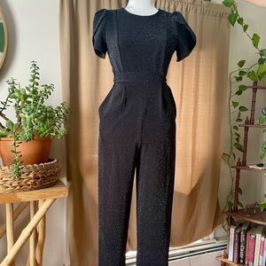 Calvin Klein Black Metallic Shimmer Pleated Tulip Short Sleeve Jumpsuit Size 2
